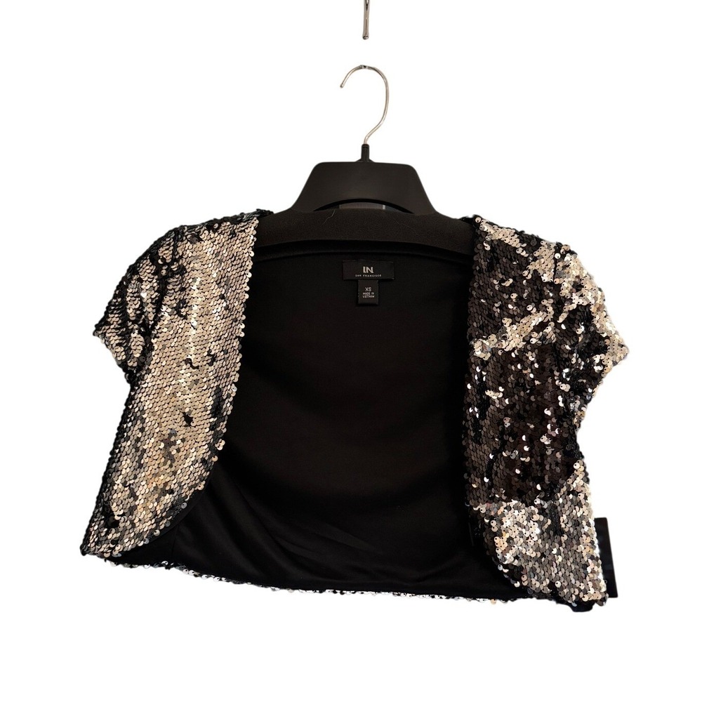 IN San Francisco Womens Silver Sequin Bolero Shrug Cropped Short Sleeve Jacket S